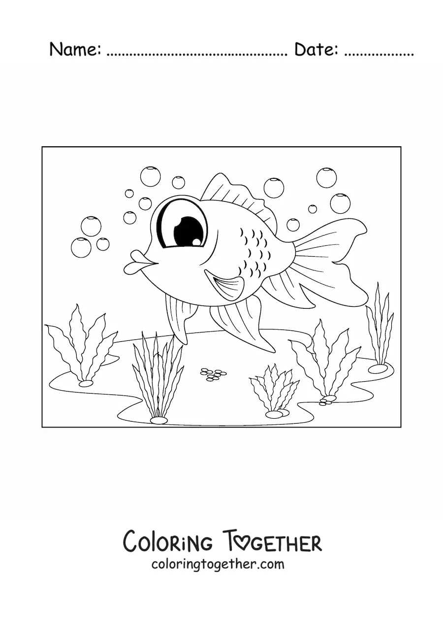 Coloring page of a cartoon goldfish with big eyes swimming among seaweed