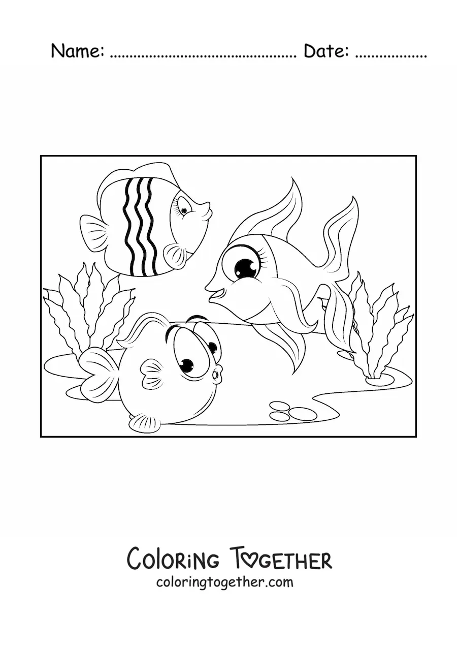 Coloring page of three cartoon fish swimming together among seaweed
