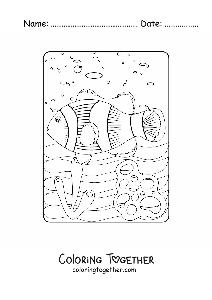 Coloring page of a clownfish swimming among coral in the sea
