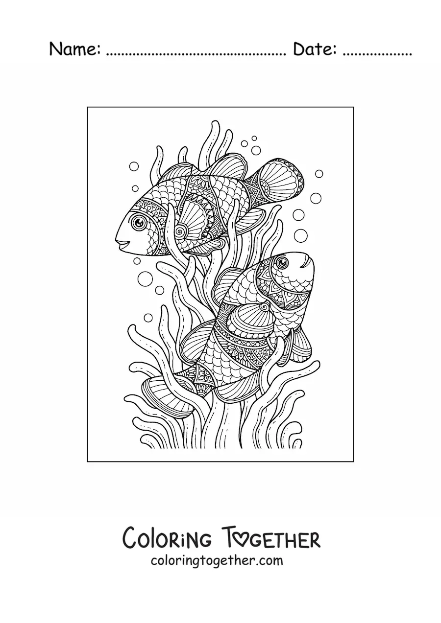 Coloring page of two fish swimming among seaweed