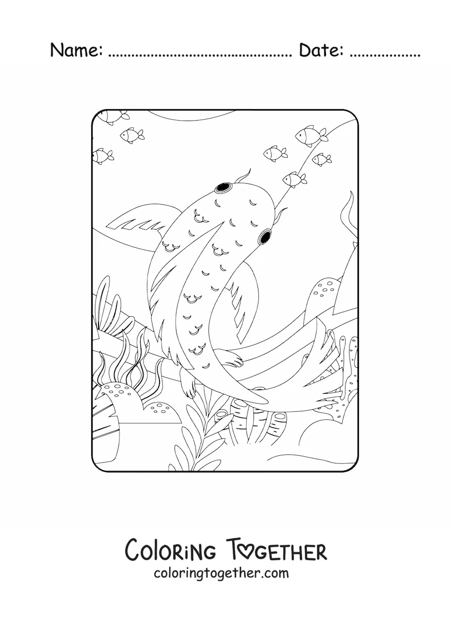 Coloring page of a koi fish swimming in the reef with other fish