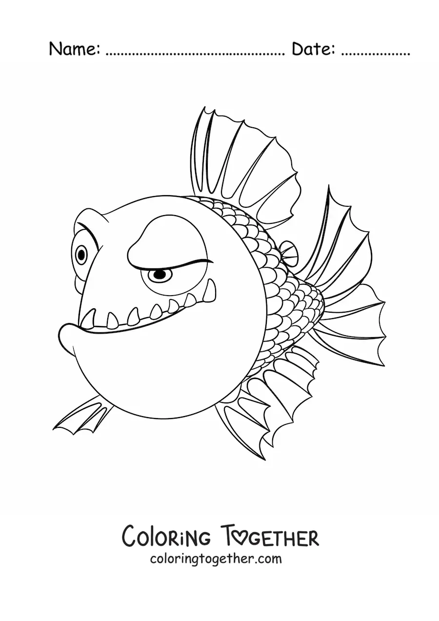 Coloring page of a cartoon piranha with a suspicious expression