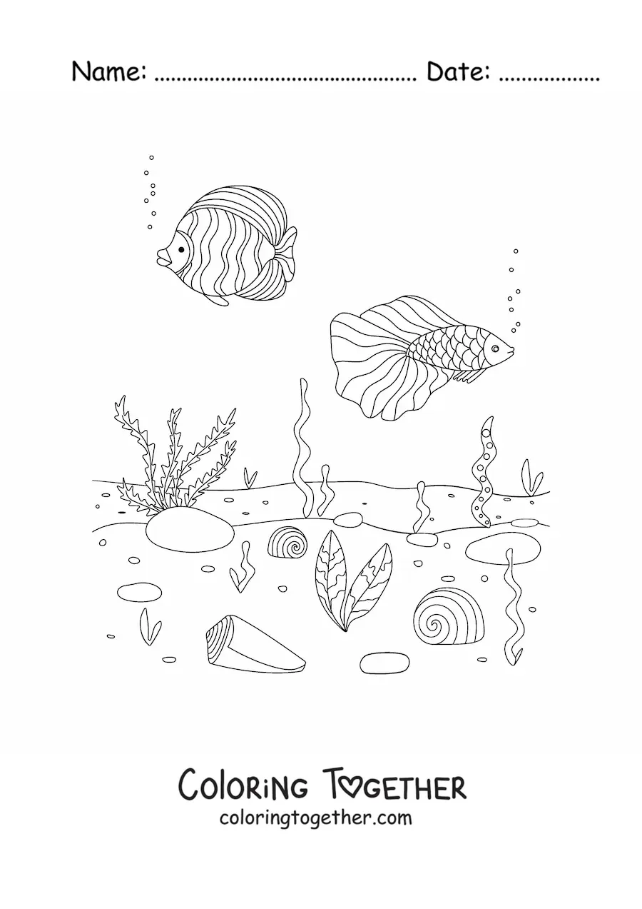 Coloring page of two fish at the bottom of the sea with coral and seaweed