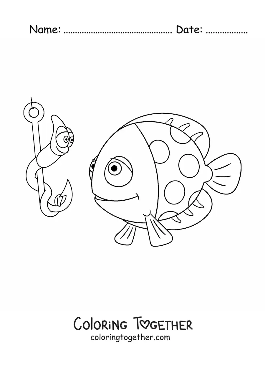 Coloring page of a cartoon fish next to a cartoon worm hanging from a hook