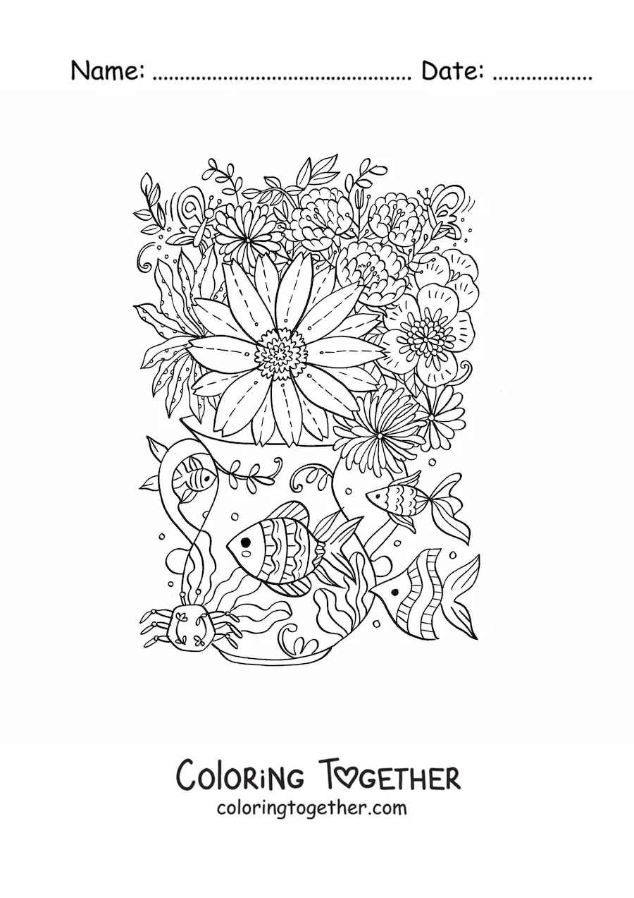 Coloring page of several fish and a crab next to a vase of flowers and a butterfly