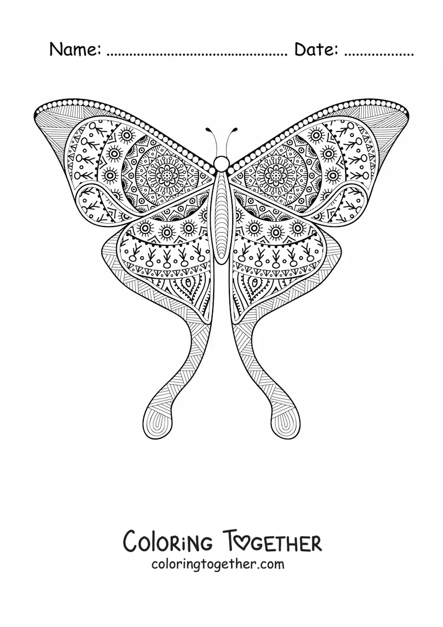Coloring page of a butterfly-shaped mandala