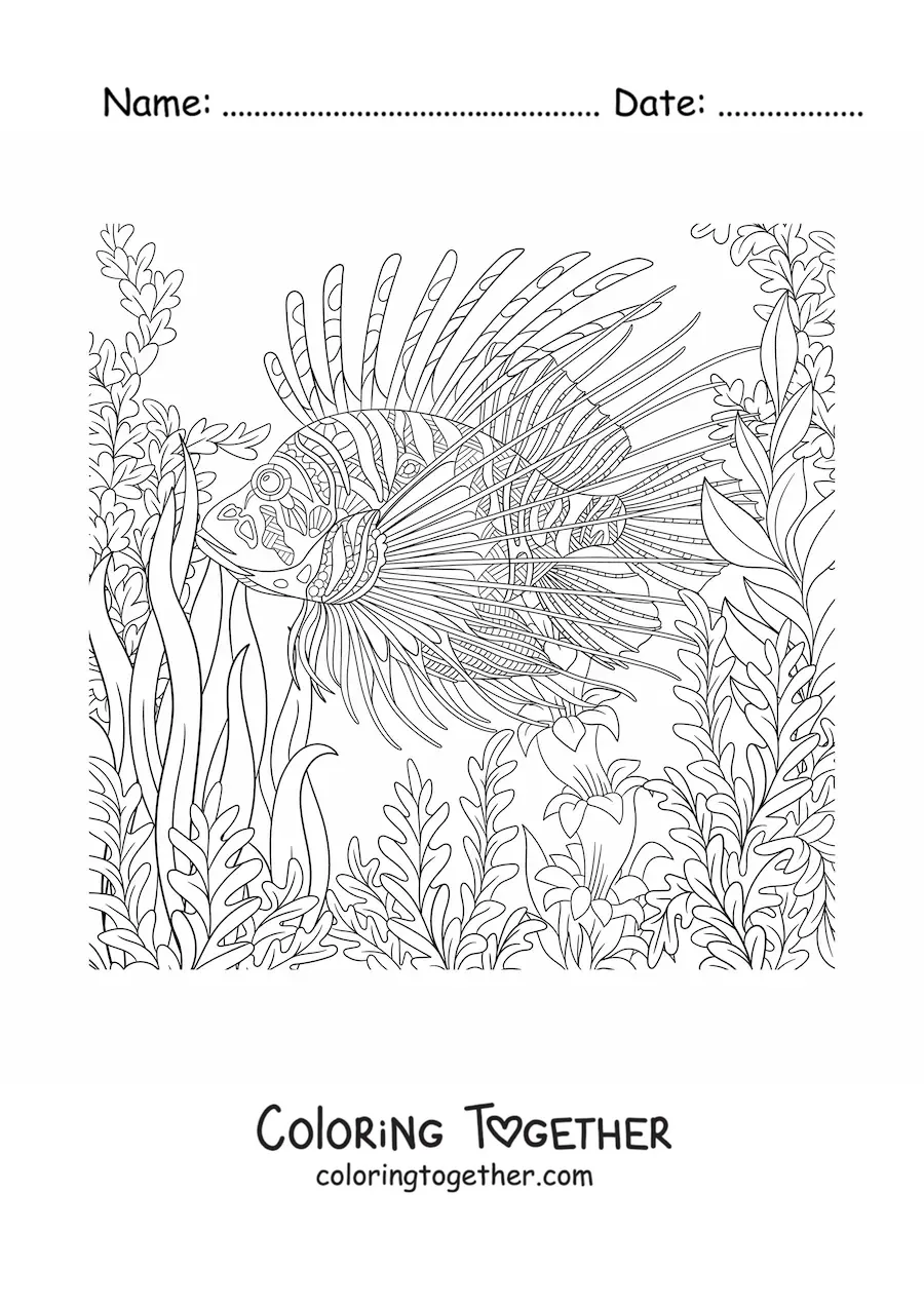 Coloring page of a lionfish at the bottom of the sea swimming among seaweed
