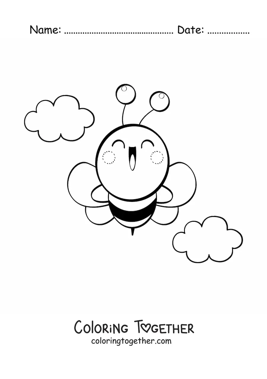Coloring page of a big happy kawaii bee flying in the sky with clouds in the background