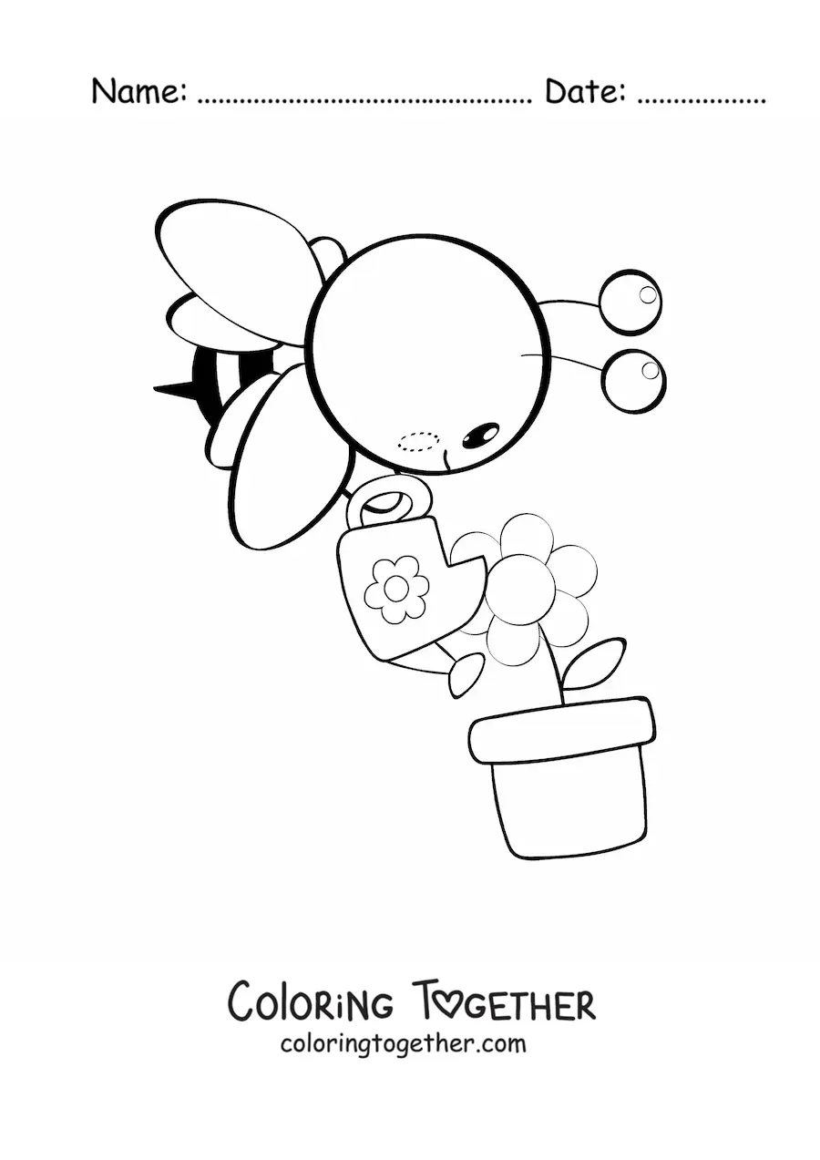 Coloring page of a kawaii bee watering a flower in a pot with a watering can