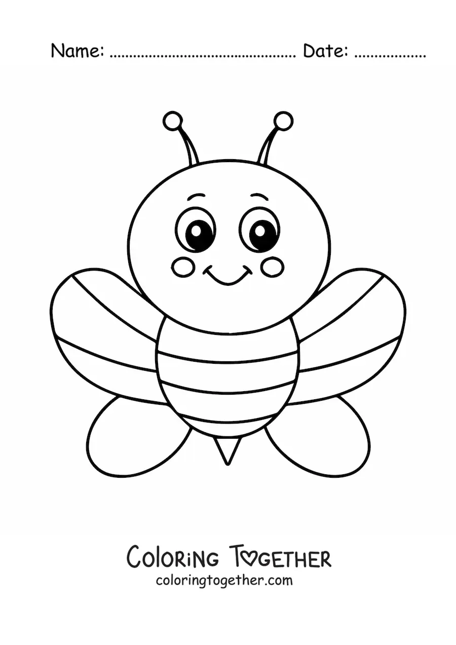 Coloring page of a big, smiling kawaii cartoon bee facing forward with its wings open