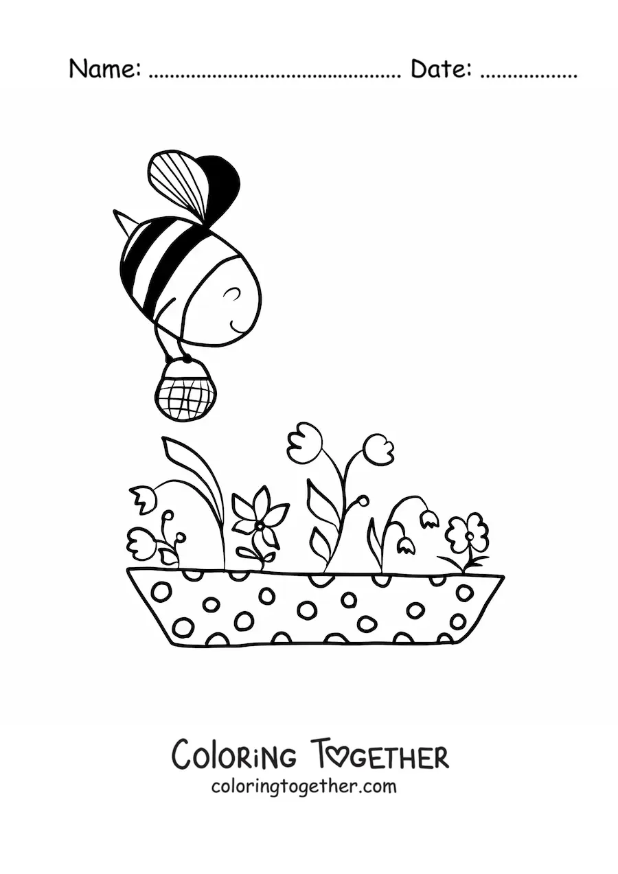 Coloring page of a kawaii bee flying over several flowers while carrying a basket