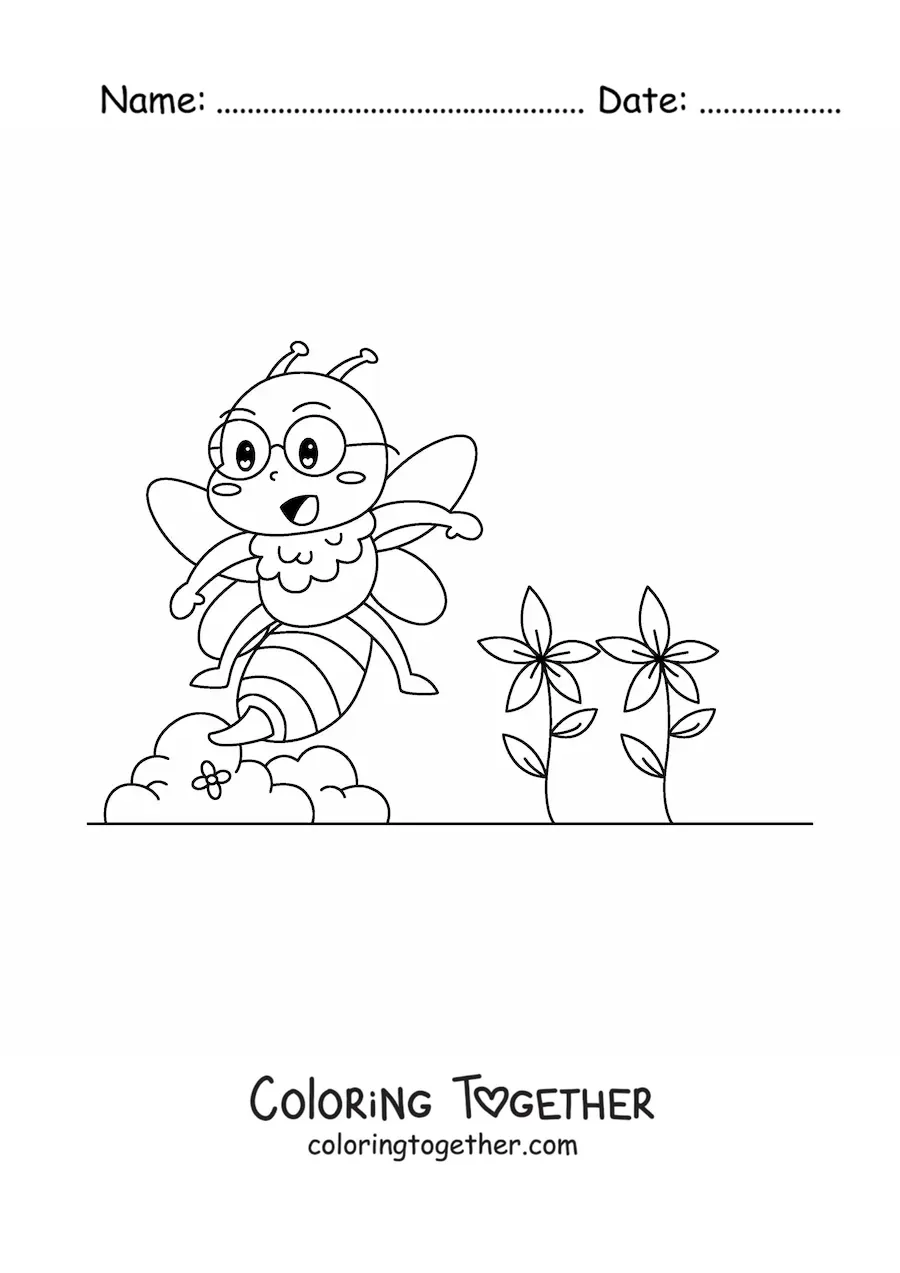 Coloring page of a kawaii cartoon bee with glasses near some flowers