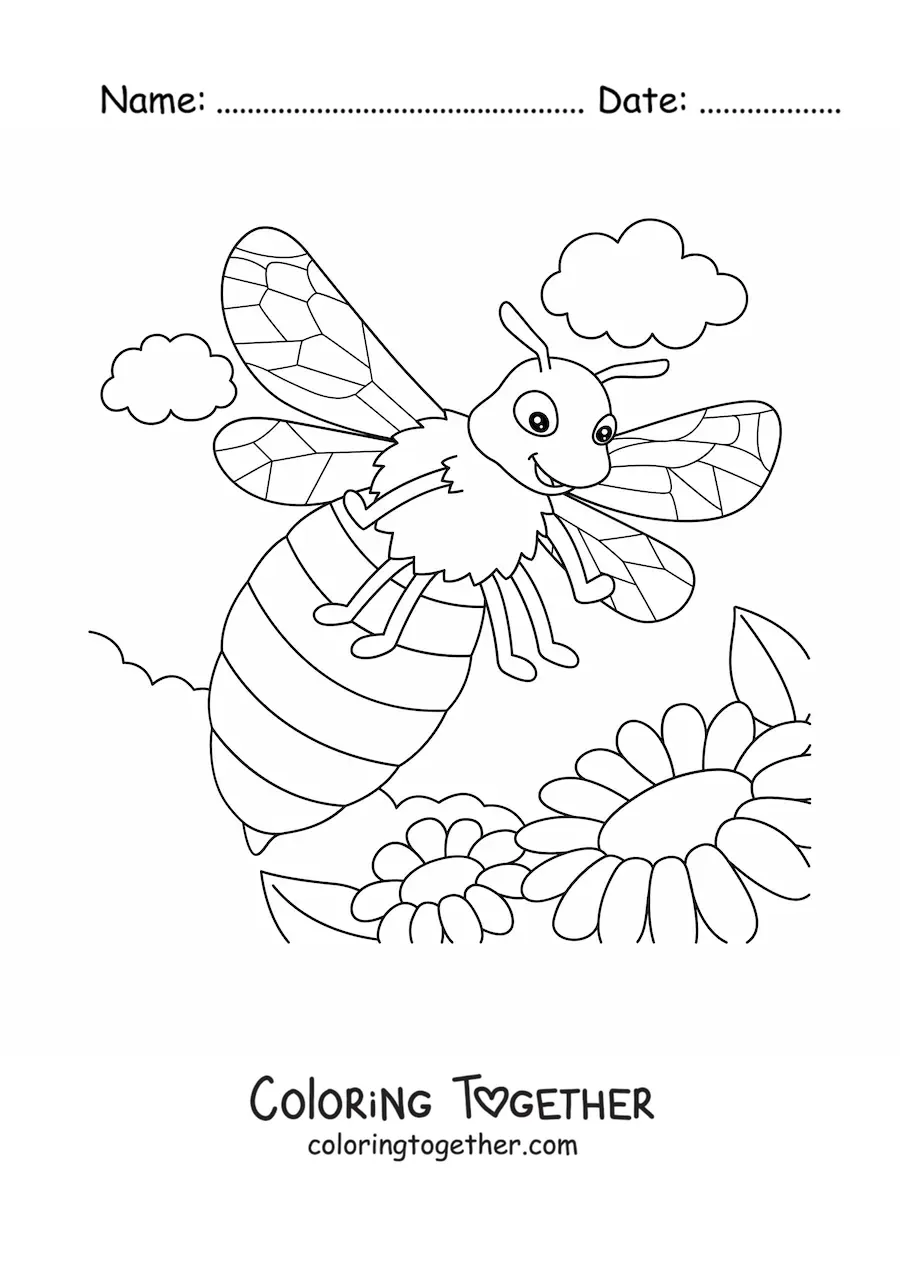 Coloring page of a big cartoon bee flying among the flowers