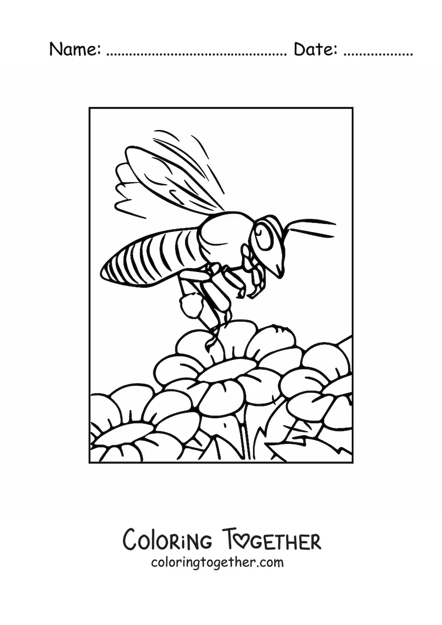 Coloring page of a realistic bee flying over flowers
