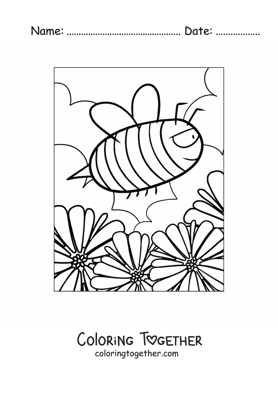 Coloring page of a cartoon of a speedy bee flying over the flowers