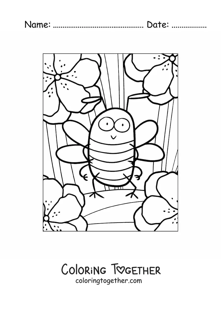 Coloring page of a cartoon of a bee standing on two legs among the flowers