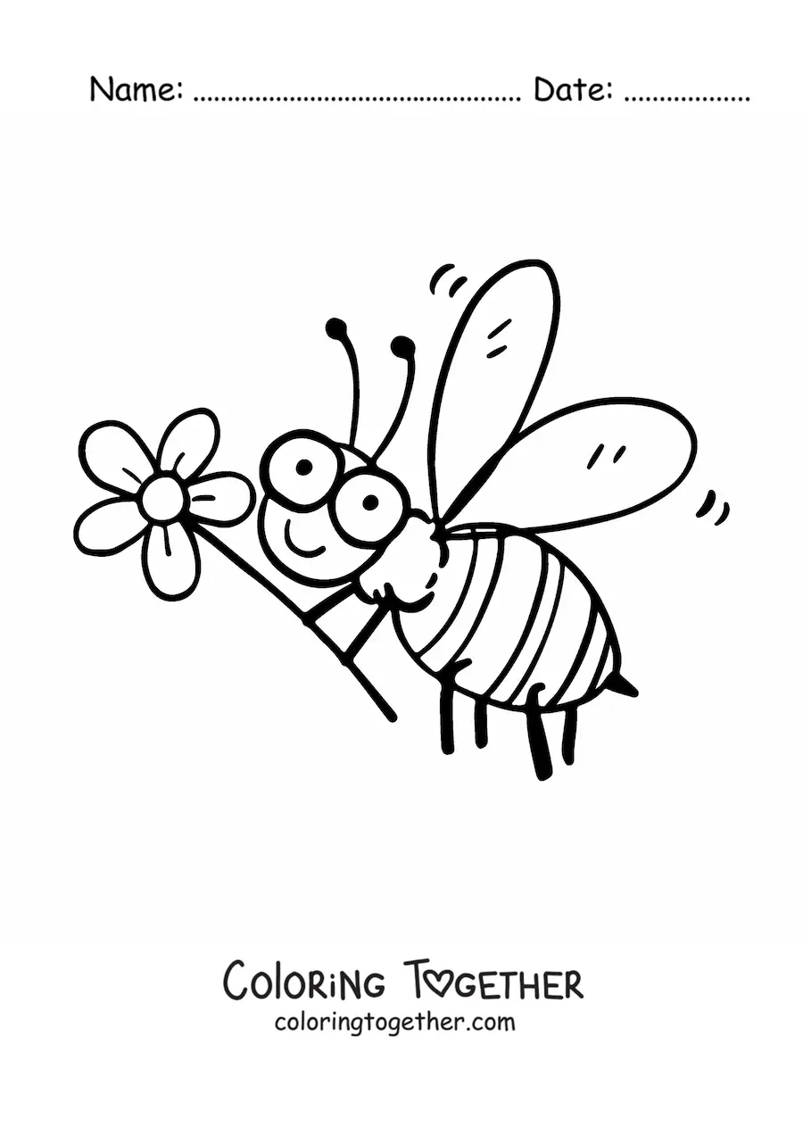 Coloring page of a happy cartoon bee flying while holding a flower