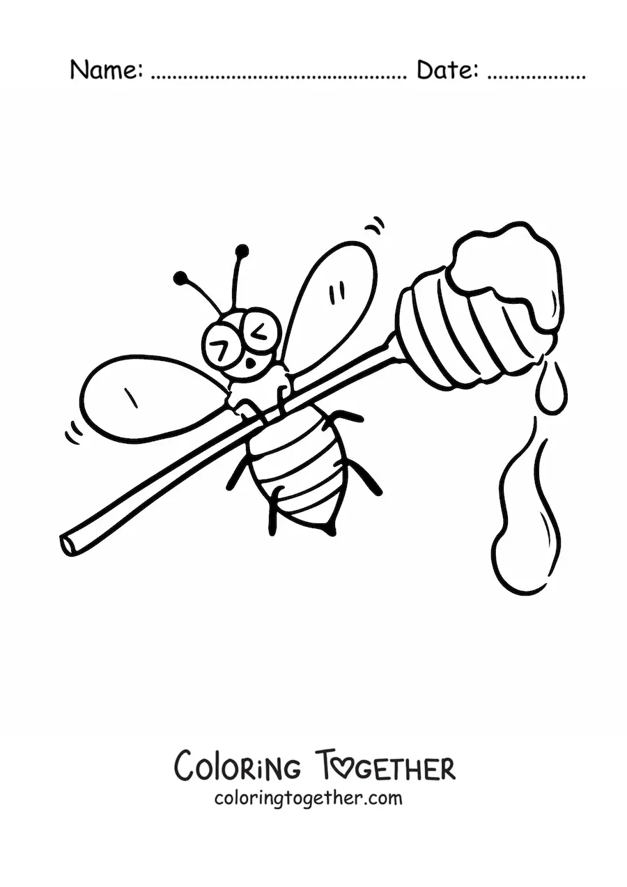 Coloring page of a cartoon bee lifting up a ladle of honey