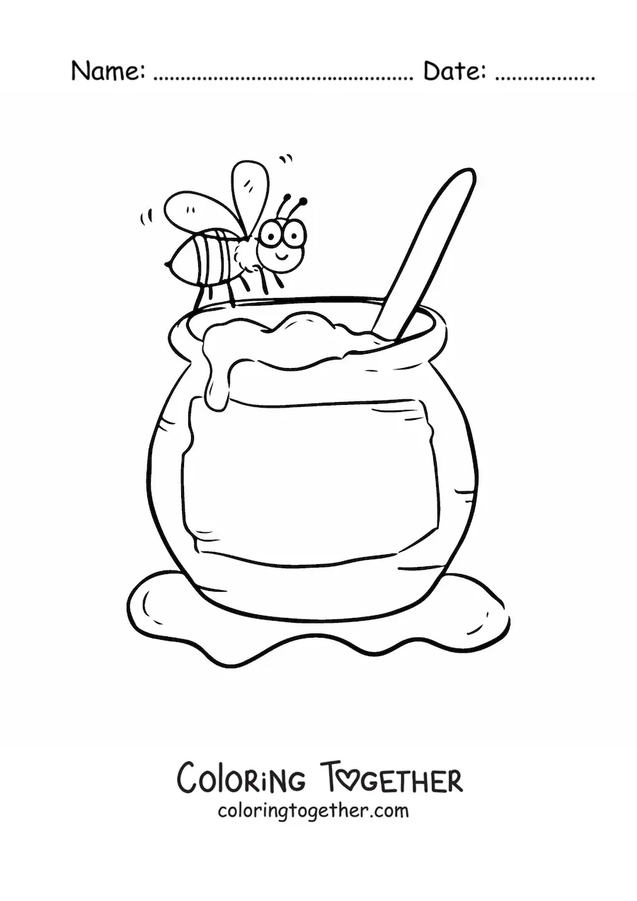 Coloring page of a cartoon bee flying near a jar of honey