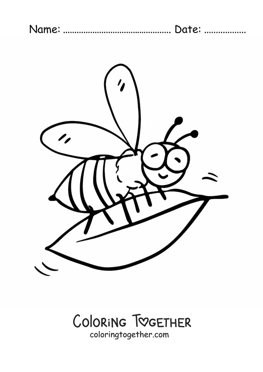Coloring page of a cartoon bee holding a leaf