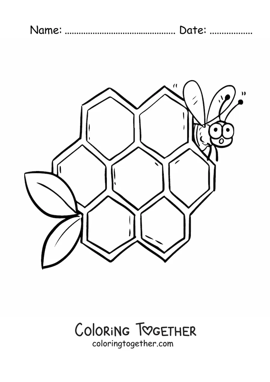 Coloring page of a cartoon bee next to the cells of a honeycomb