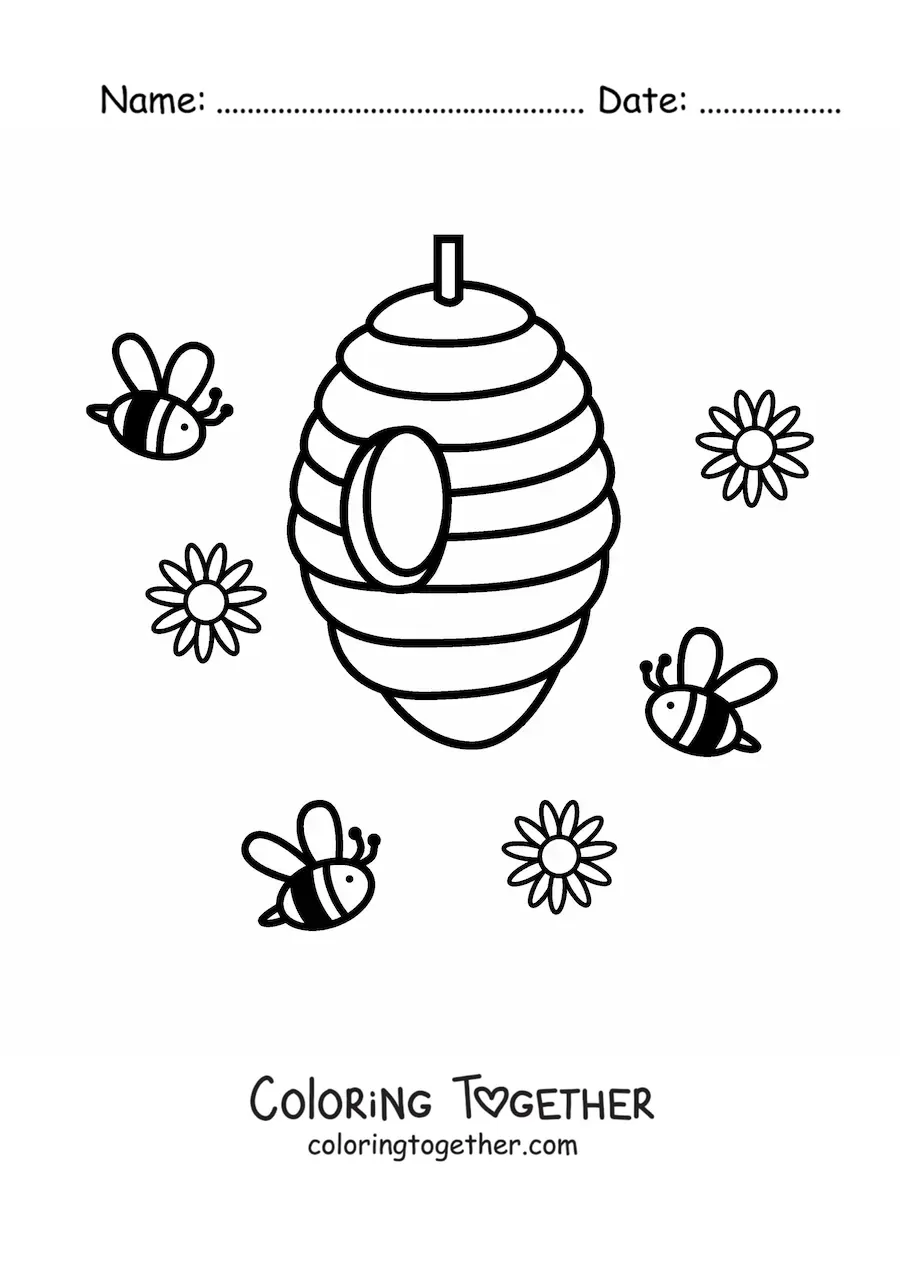 Coloring page of several cartoon bees flying toward a honeycomb with flowers floating in the air