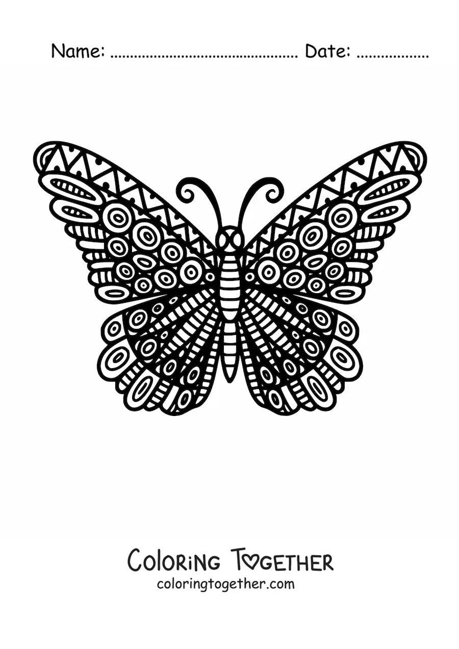 Coloring page of a butterfly mandala with a geometric design