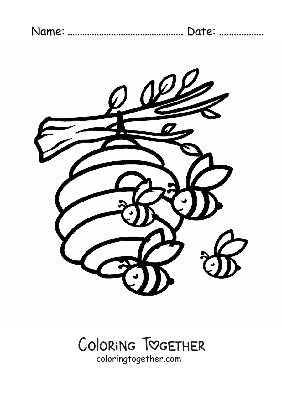 Coloring page of a hive of cartoon bees near a honeycomb on a branch