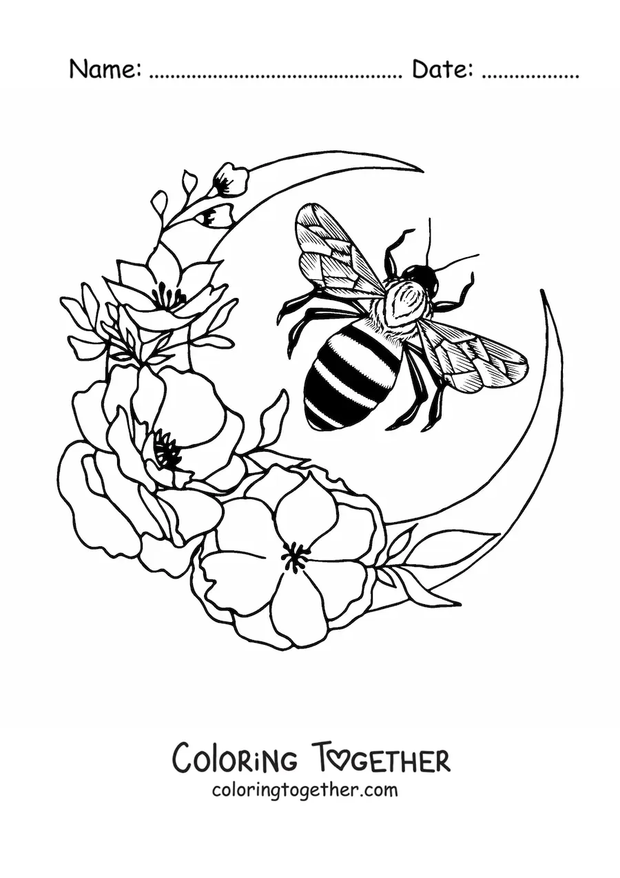 Coloring page of a bee flying near a crescent moon decorated with flowers