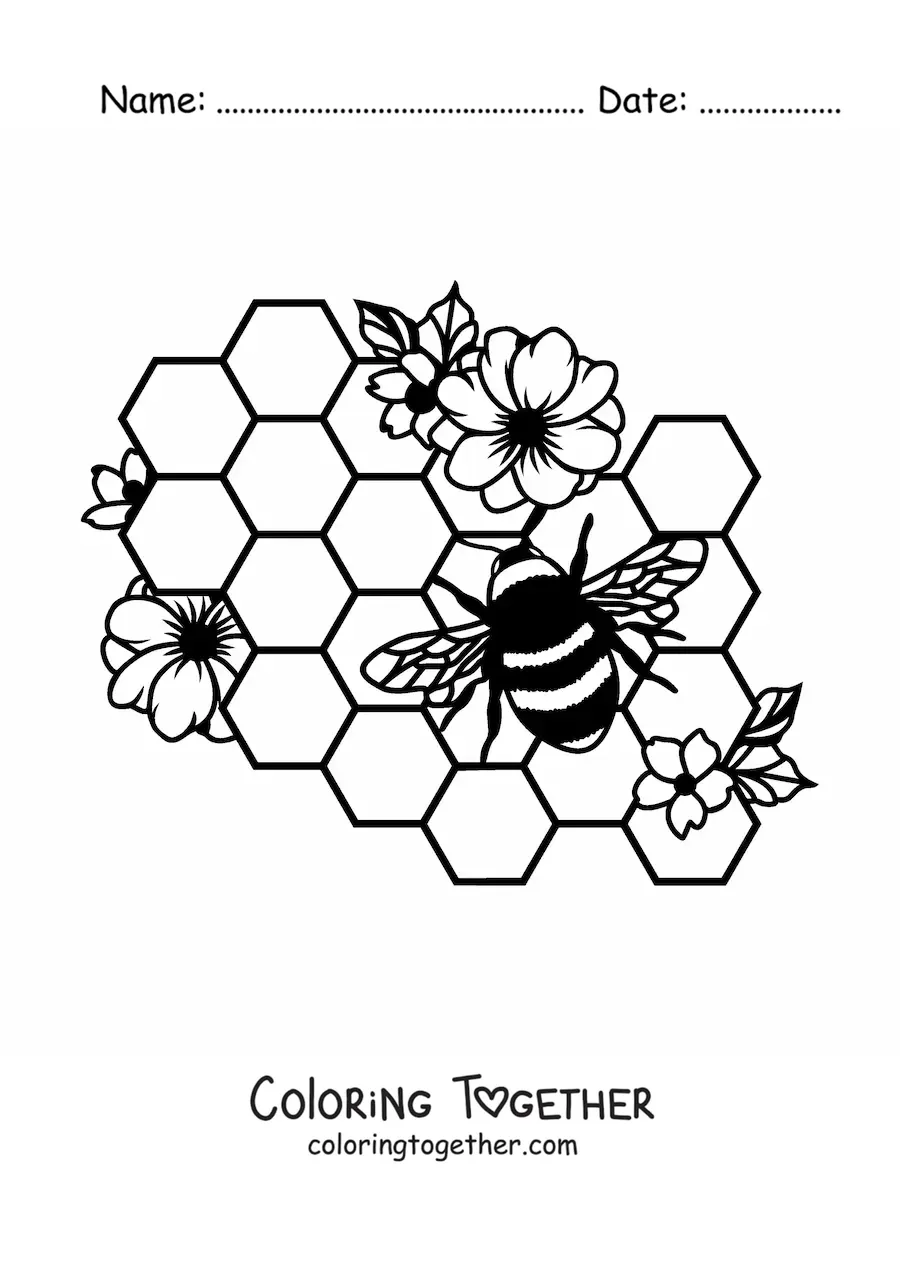 Coloring page of a bee flying over the cells of a honeycomb with flowers