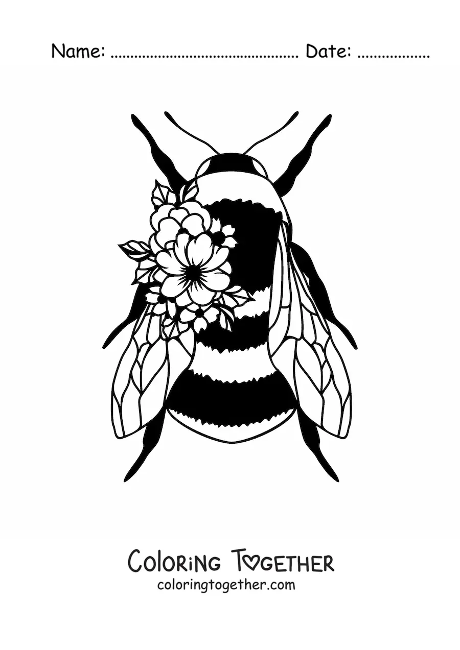 Coloring page of a big bee decorated with flowers