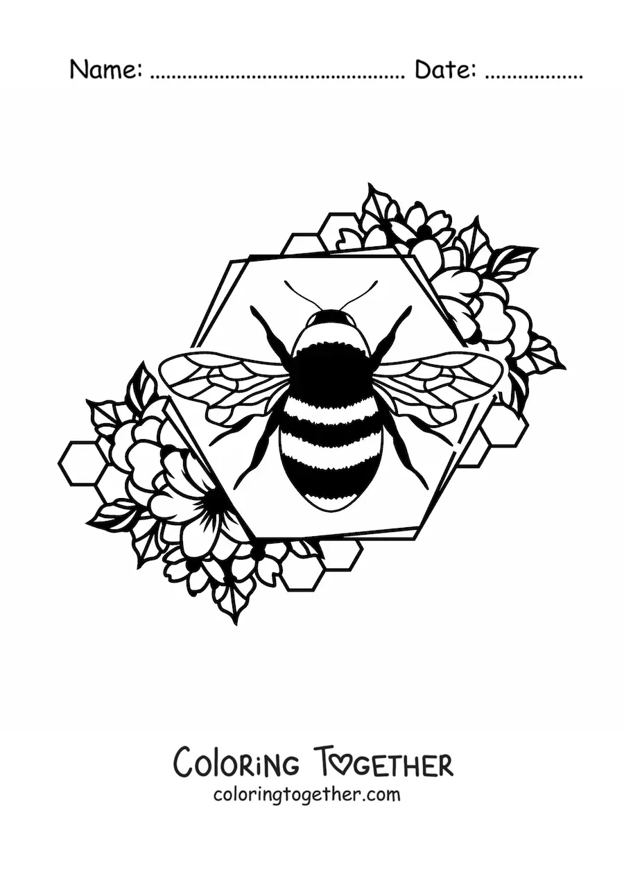Coloring page of a small bee on a honeycomb cell decorated with flowers