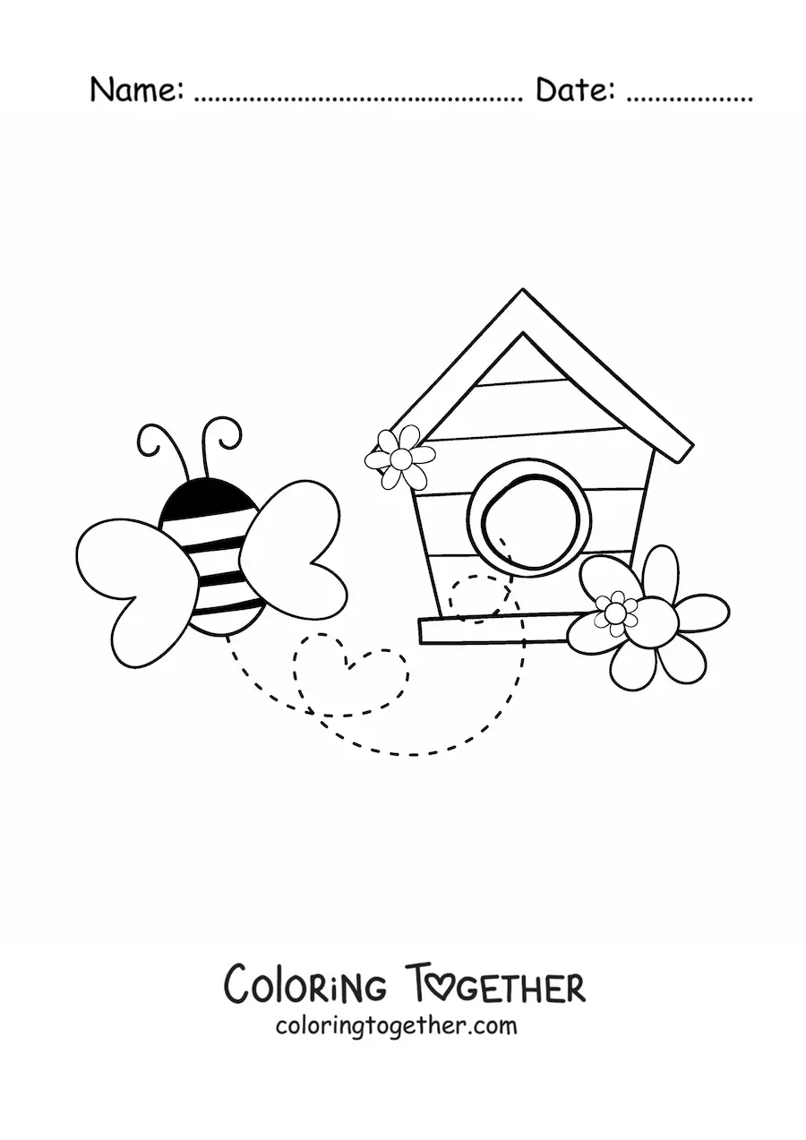 Coloring page of a bee flying away from a wooden house