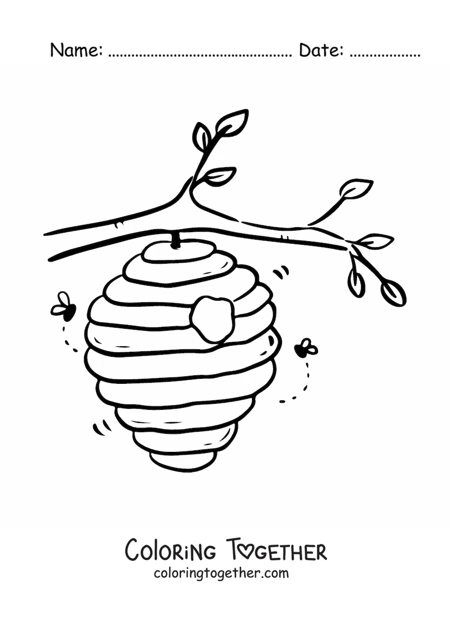 Coloring page of a beehive honeycomb hanging from a branch