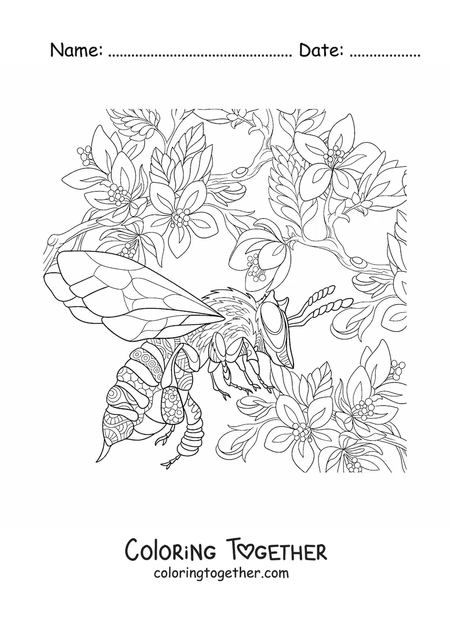 Coloring page of a realistic bee flying near the flowers