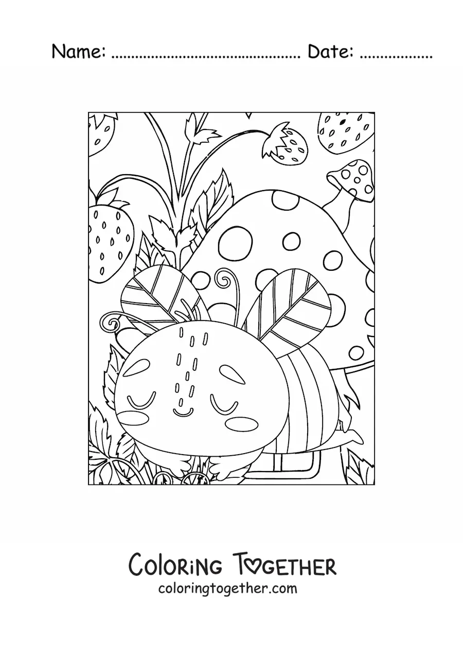Coloring page of a cute bee sleeping among mushrooms and strawberries