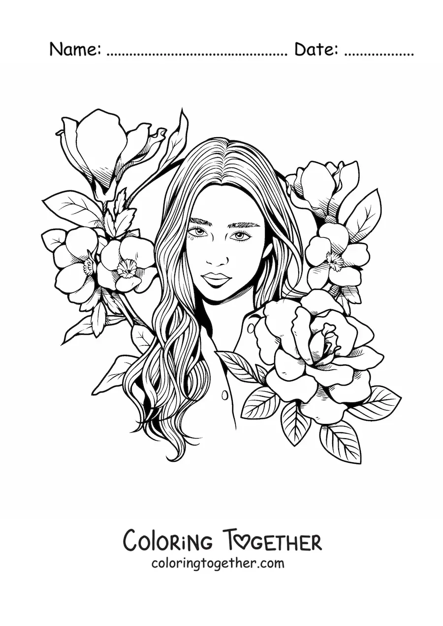 Coloring page of a realistic-style young woman surrounded by flowers