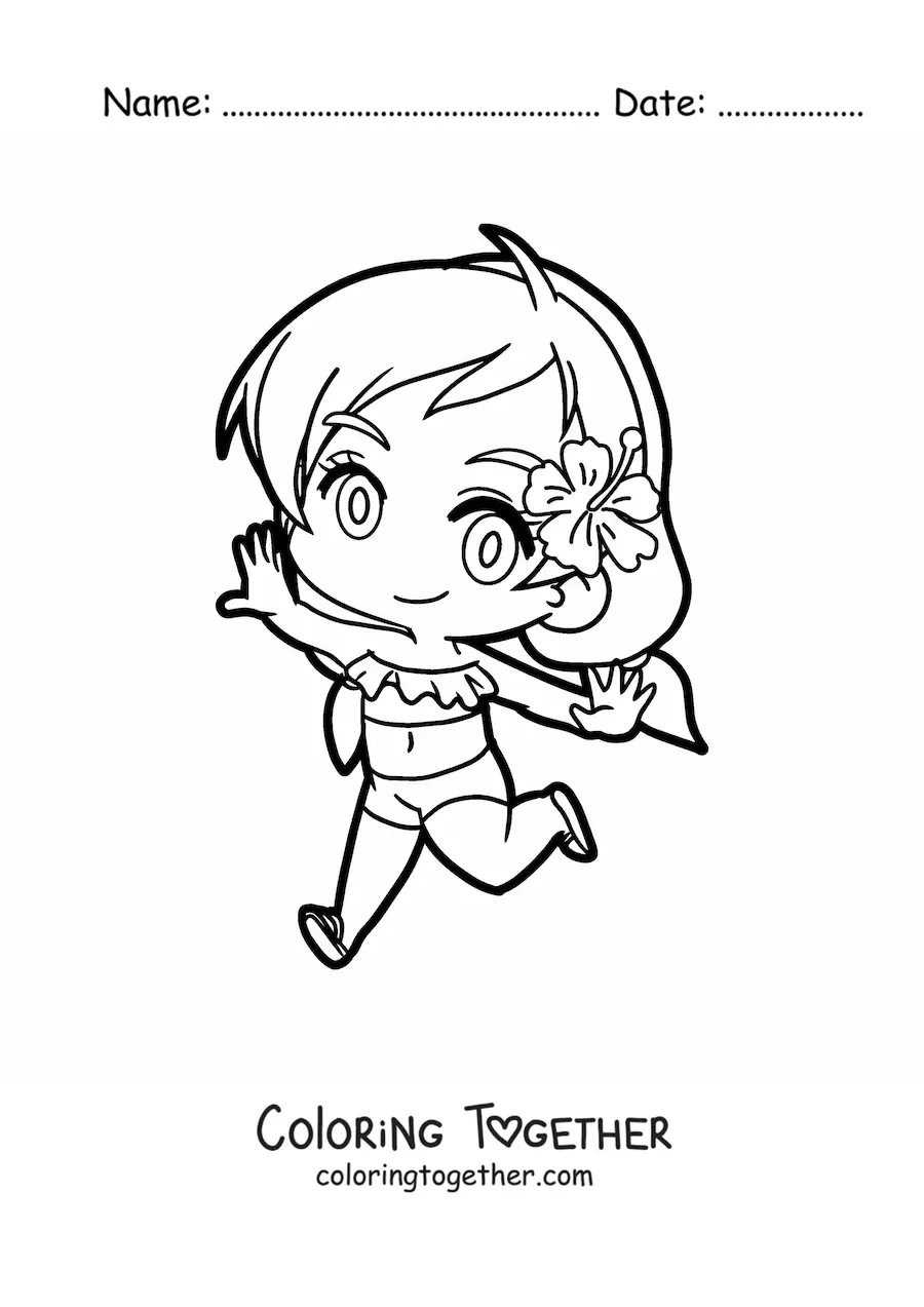 Coloring page of an anime-style kawaii girl in a bikini