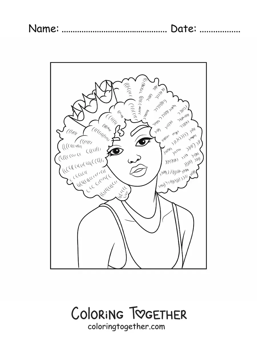 Coloring page of a young woman with an afro hairstyle