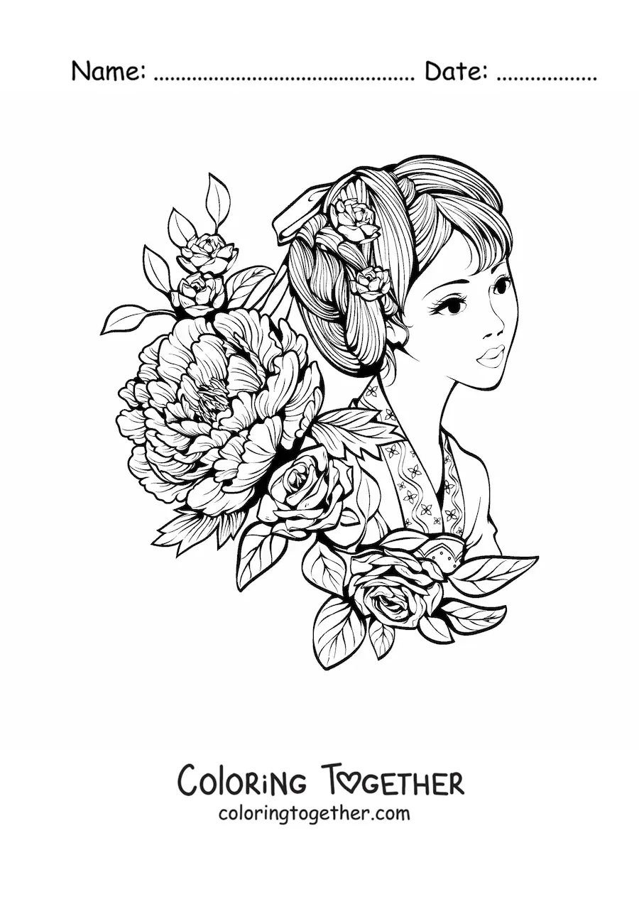 Coloring page of an Asian woman surrounded by flowers
