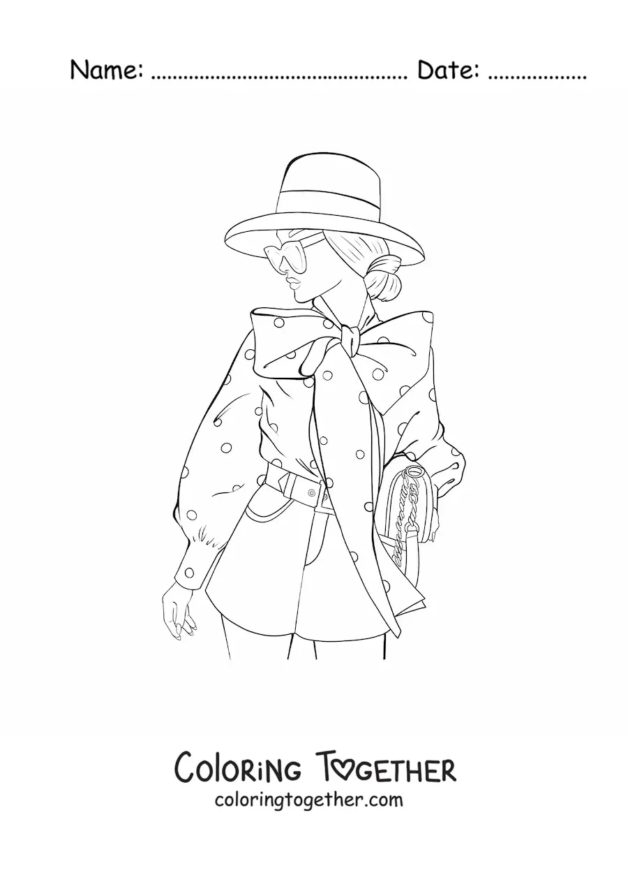 Coloring page of a woman wearing sunglasses and an elegant hat