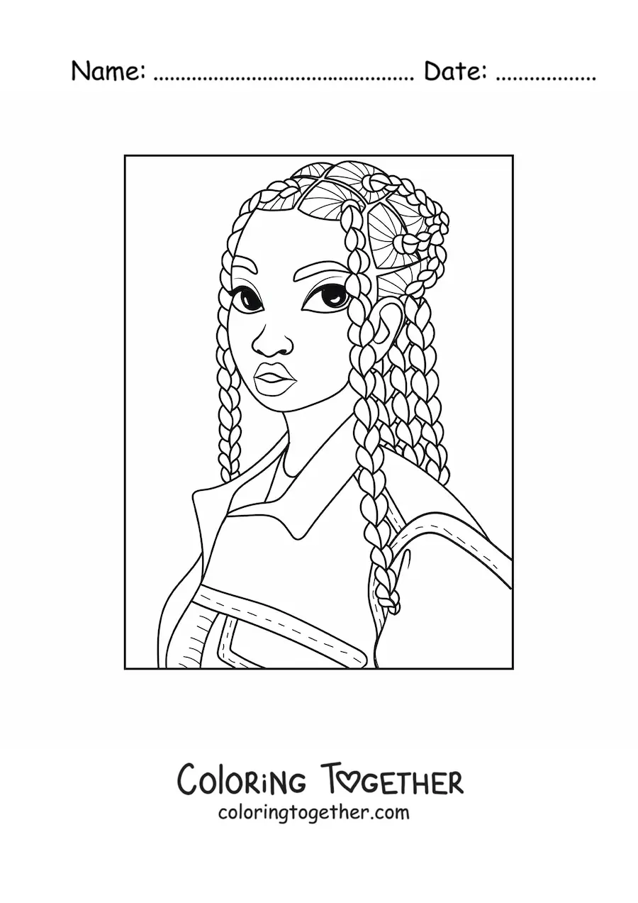 Coloring page of an African American girl with braided hair