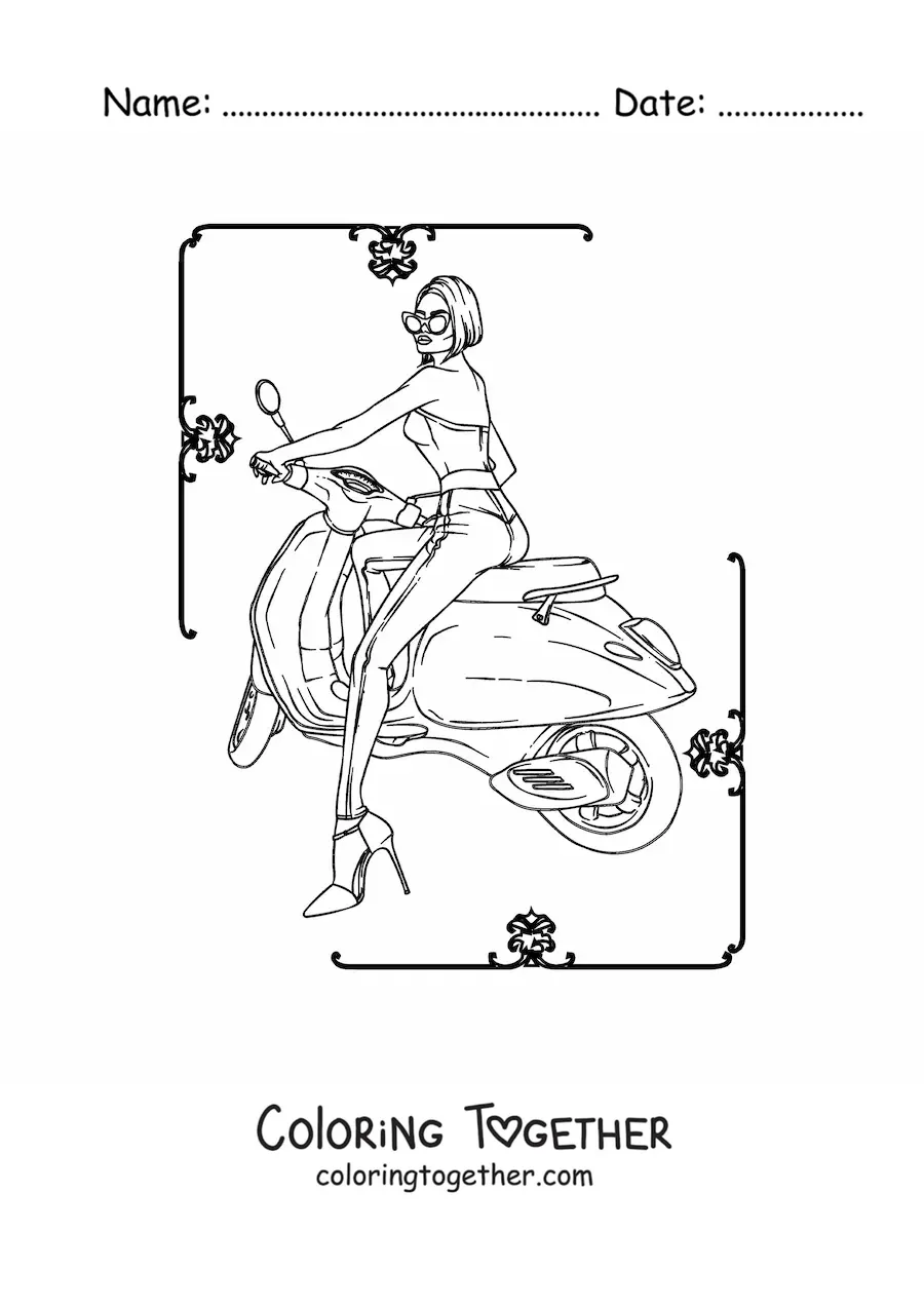 Coloring page of a woman dressed in pants riding a motorcycle