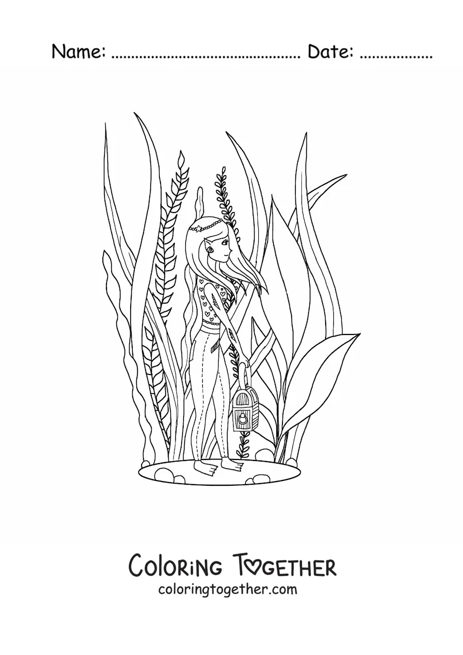 Coloring page of a modern girl with elf-like features underwater