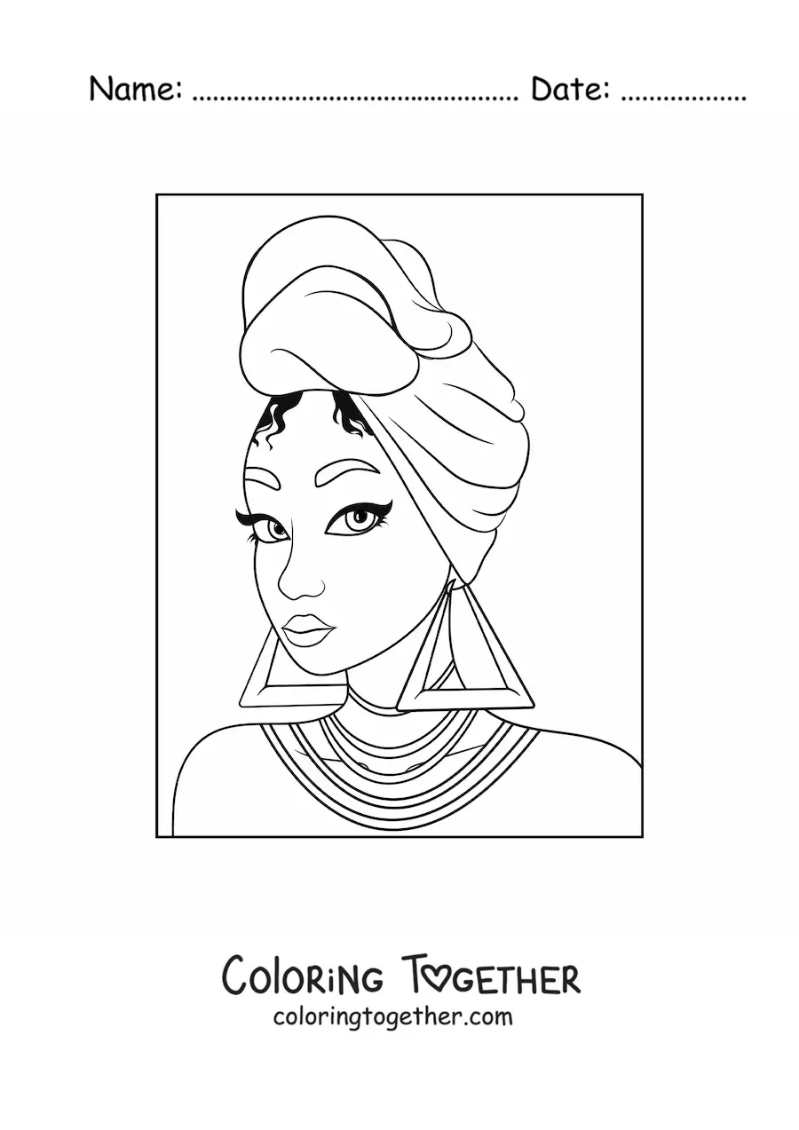 Coloring page of an afro-descendant girl with big earrings and a turban