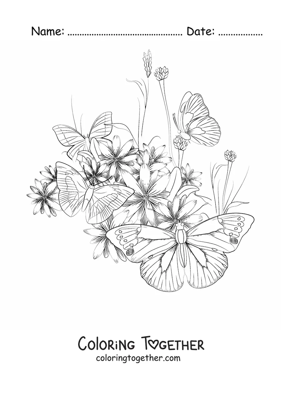 Coloring page of several butterflies resting on flowers