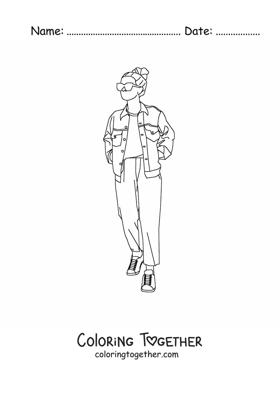 Coloring page of a girl in modern clothes drawn full body