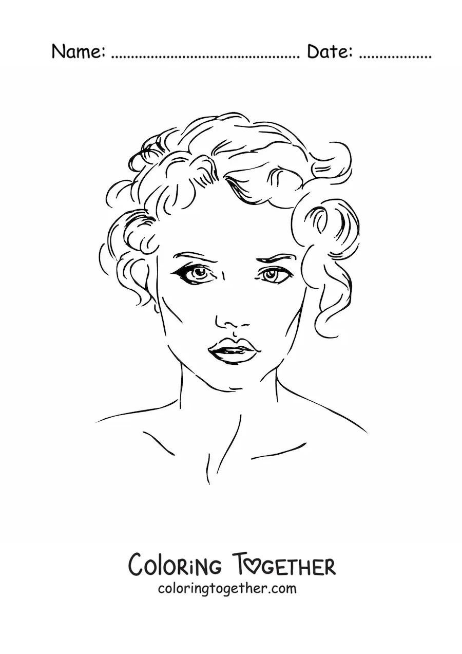 Coloring page of a realistic-style woman's face with short hair