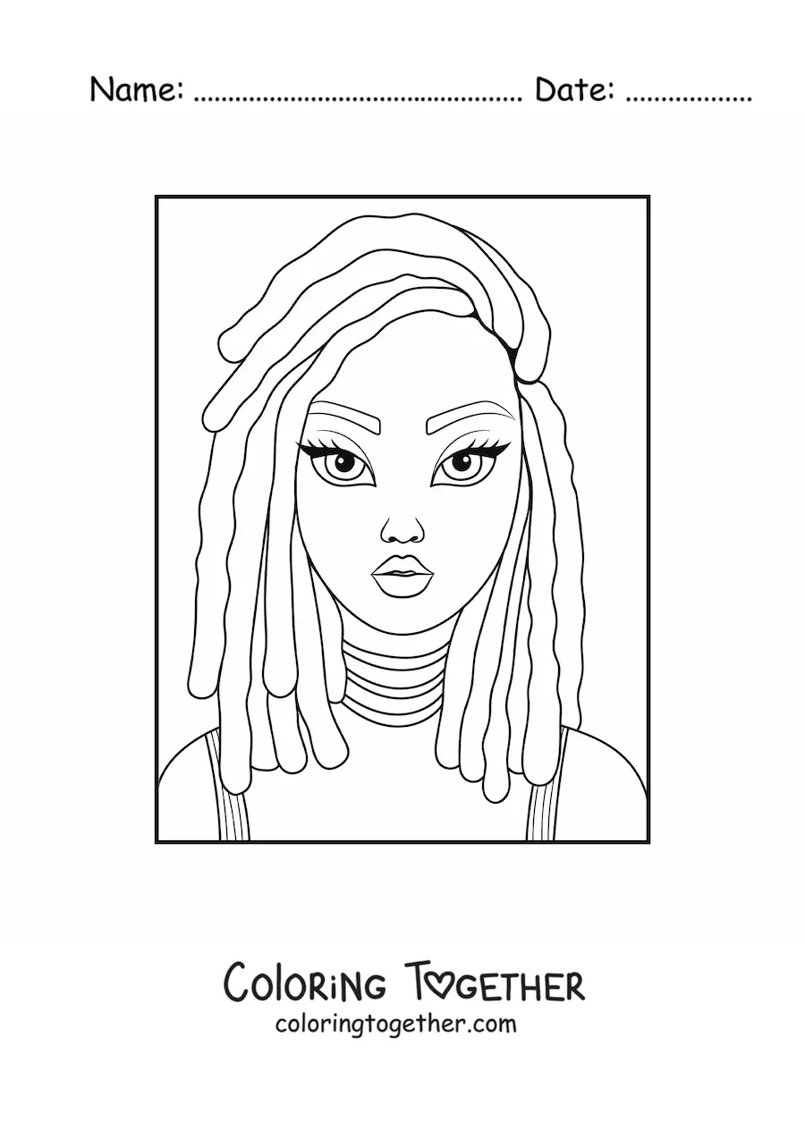 Coloring page of an afro-descendant woman with a rasta hairstyle