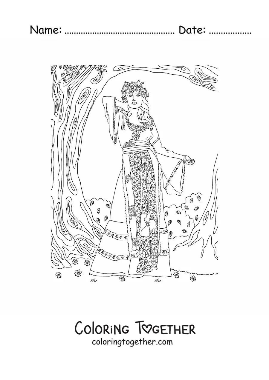 Coloring page of a vintage girl with a background of plants and vines